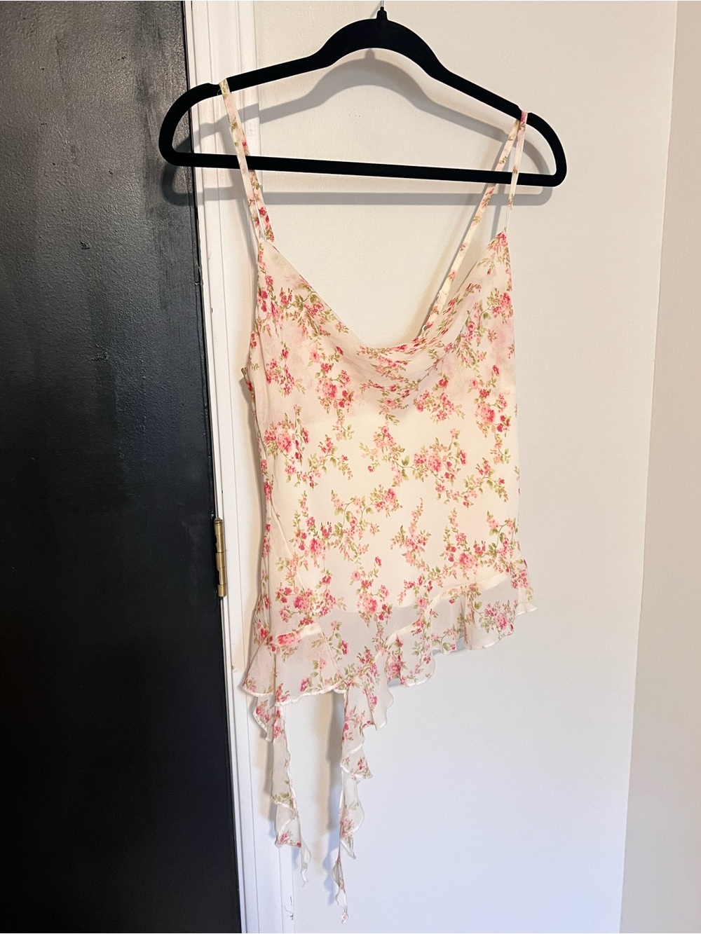 NEW Thirty Thirty Floral Asymmetrical Ruffle Cami Top - Pink and Cream Size Med